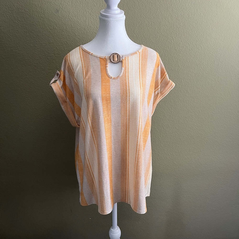 Cure Women's Yellow White Stripe Top Size L Wooden Buckle Keyhole Neck